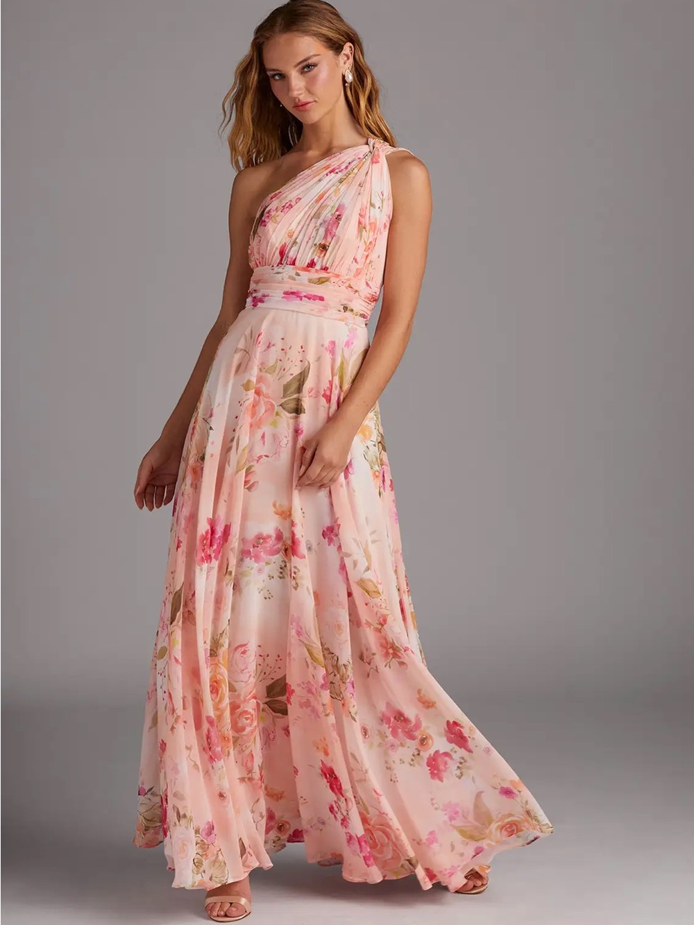 Azazie Charlize One-Shoulder Blush Floral Chiffon Gown NWT